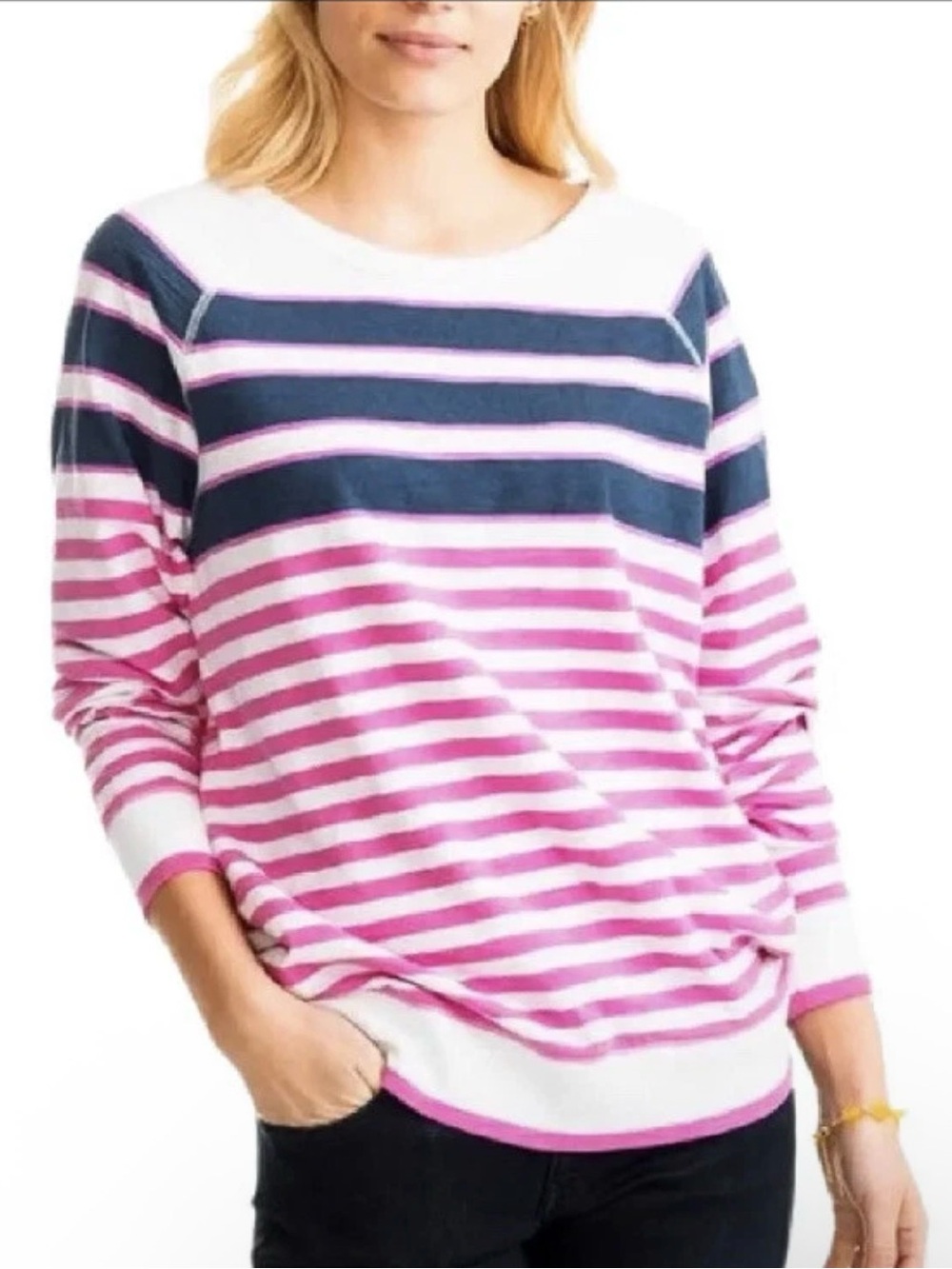 Southern Tide Striped Crewneck Top in Navy, Pink & White